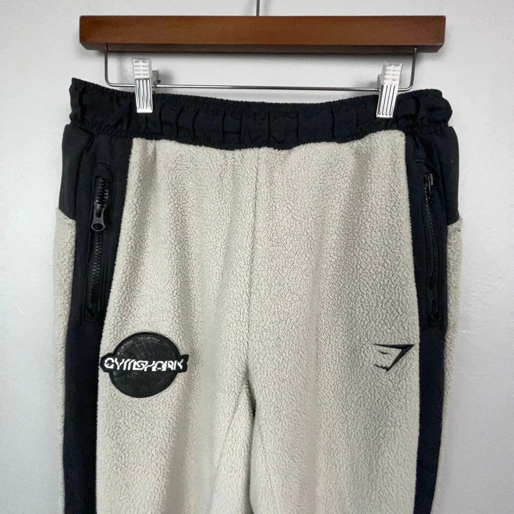 Gymshark Pants Mens S White Black Fleece Joggers Sherpa Mesh Lined Gym Athletic